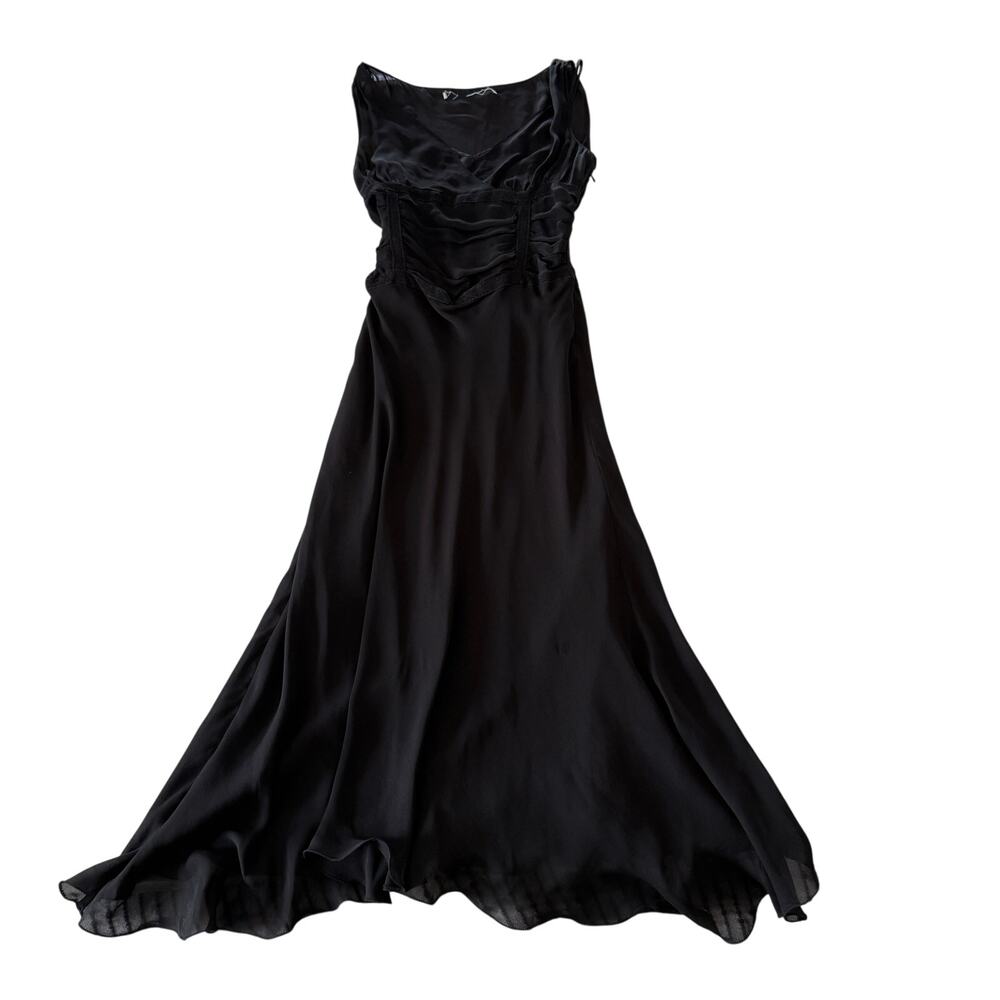 Y2K Vintage Black Silk Ruched Bias Cut V Neck Midi Dress | Size Medium